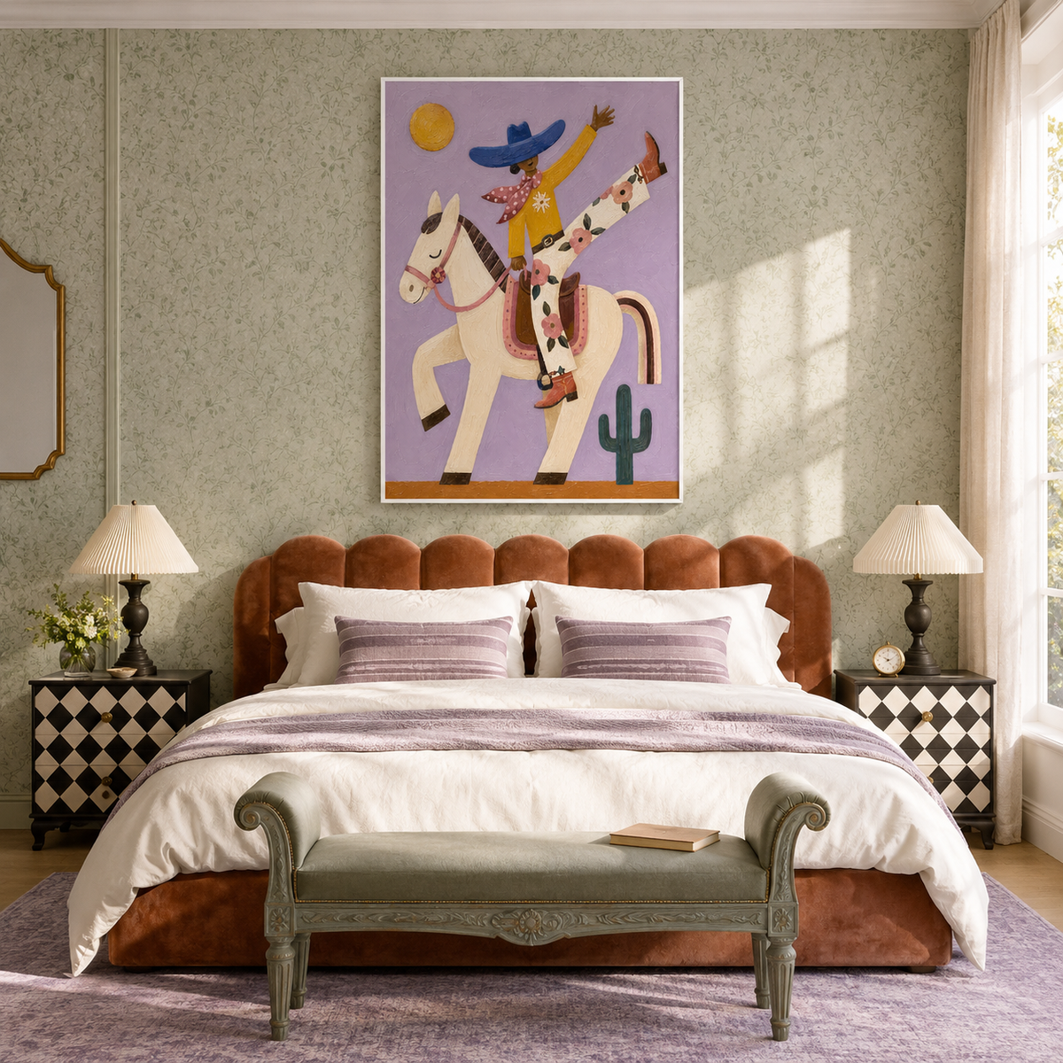 "Sunlit Acrobatic" – Whimsical Lavender Folk Art Cowgirl Impasto Painting