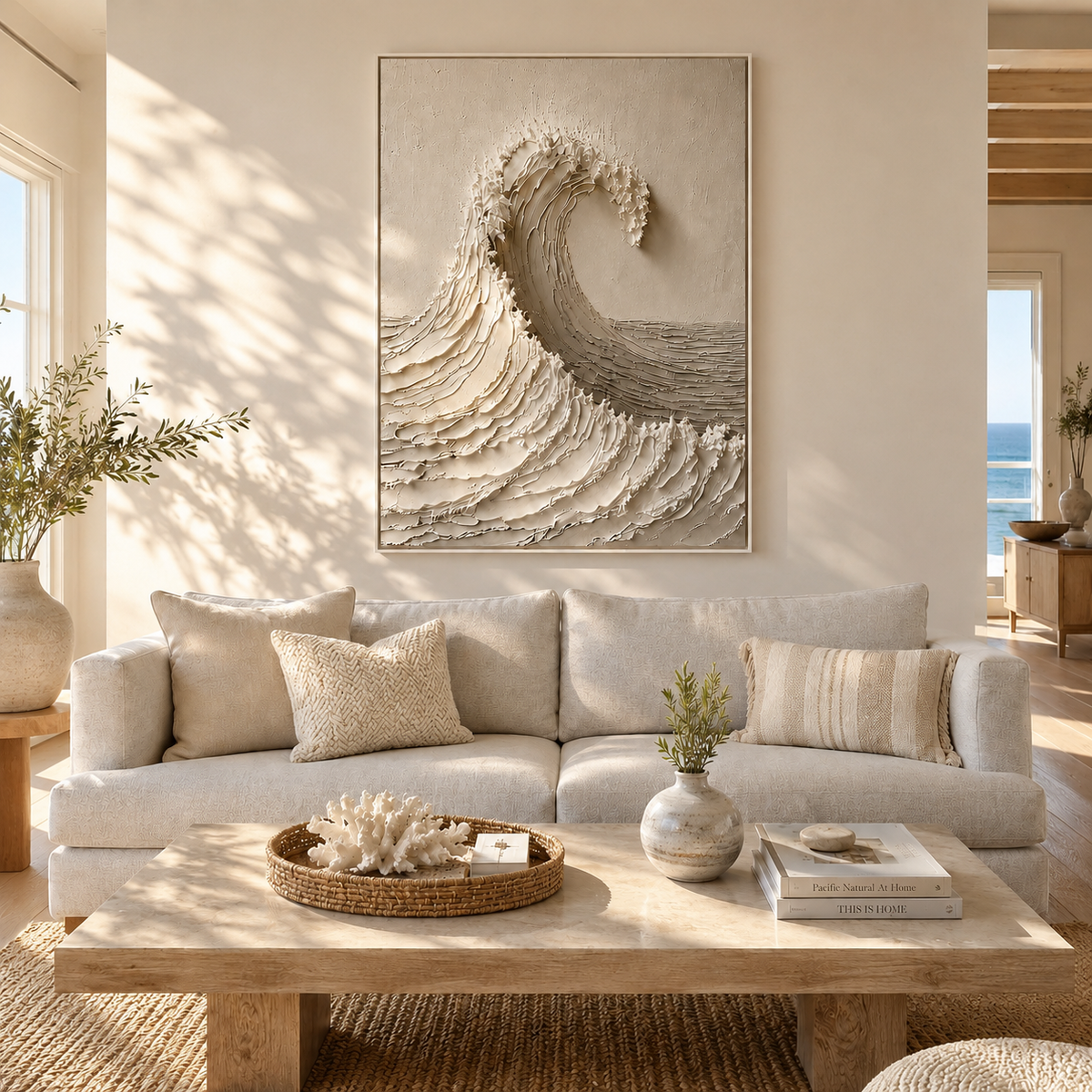 "White Tide Stillness" – Wabi Sabi Wave Textured Oil Painting