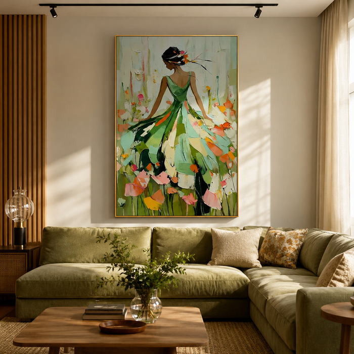"Floral Waltz" – Green Impressionist Palette Knife Figure Painting