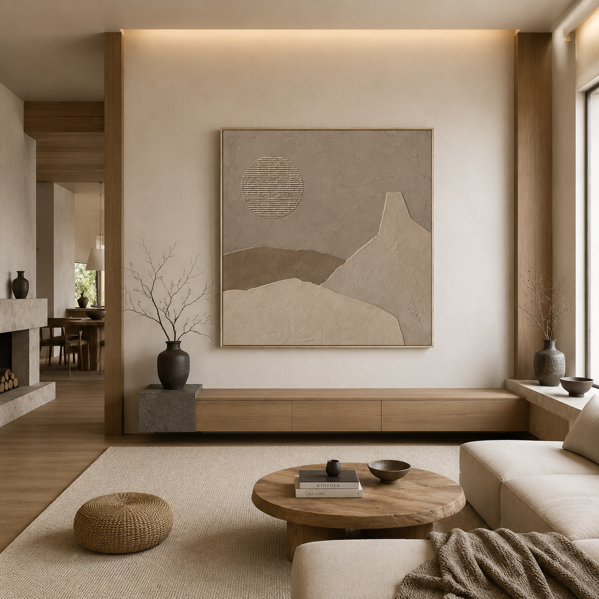 "Textured Moonland"—A Minimalist Relief Canvas Painting in Wabi-Sabi Earth Tones