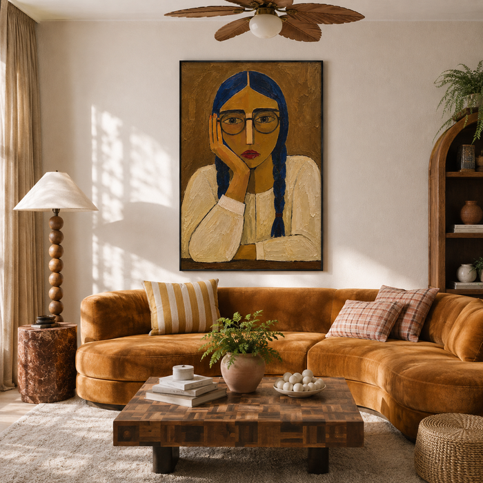 "The Quiet Thinker" – Textured Modern Blue & Earth Tone Portrait Oil Painting