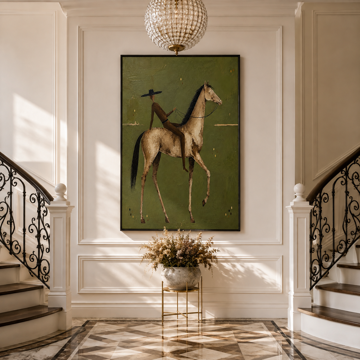 "The Quiet Wanderer" – Textured Modern Olive Green Equestrian Oil Painting