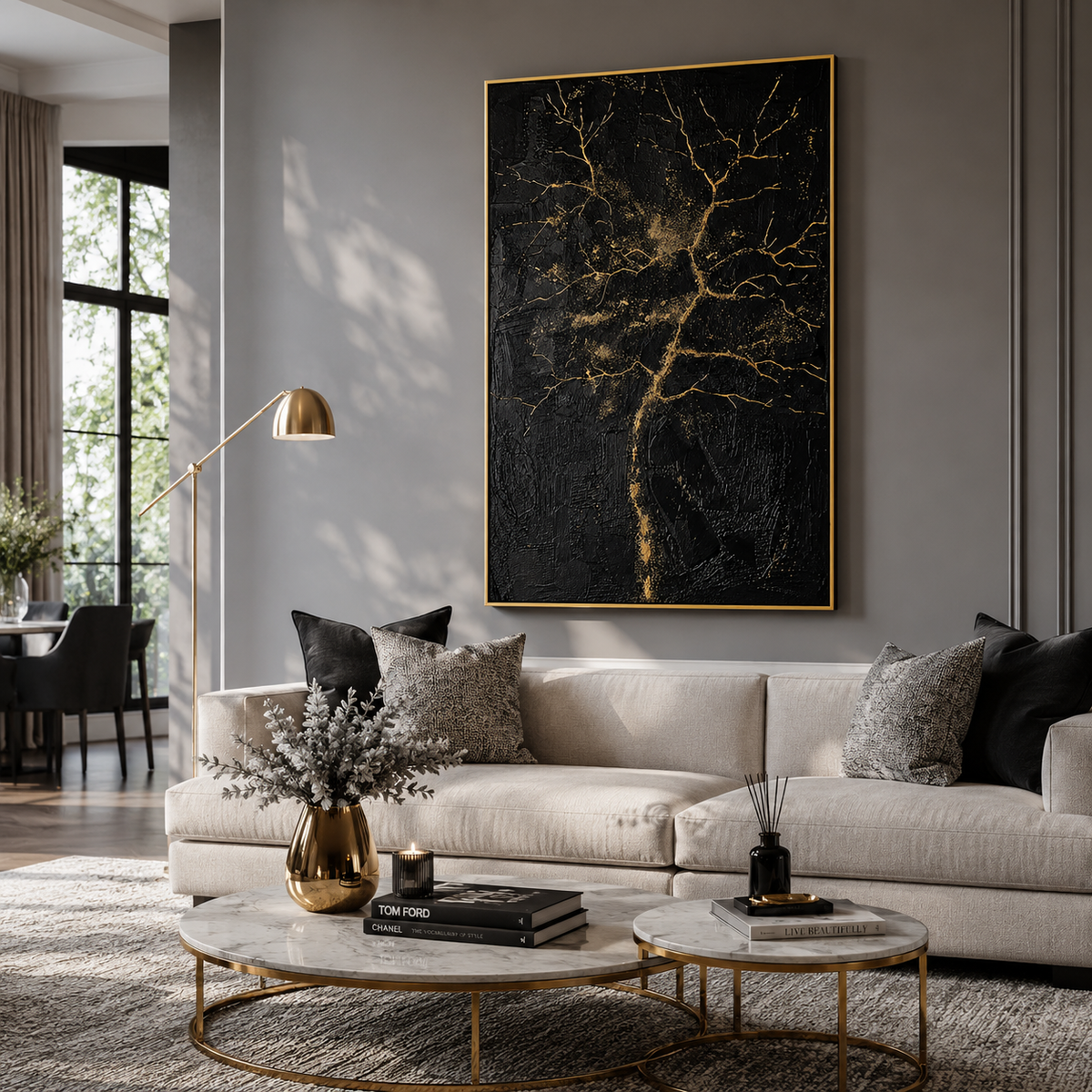 "Gilded Veins" – Black Gold Tree Textured Abstract Painting