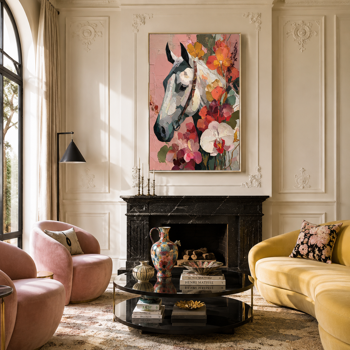 "Roseate Majesty" – Contemporary Floral Impasto White Horse Portrait