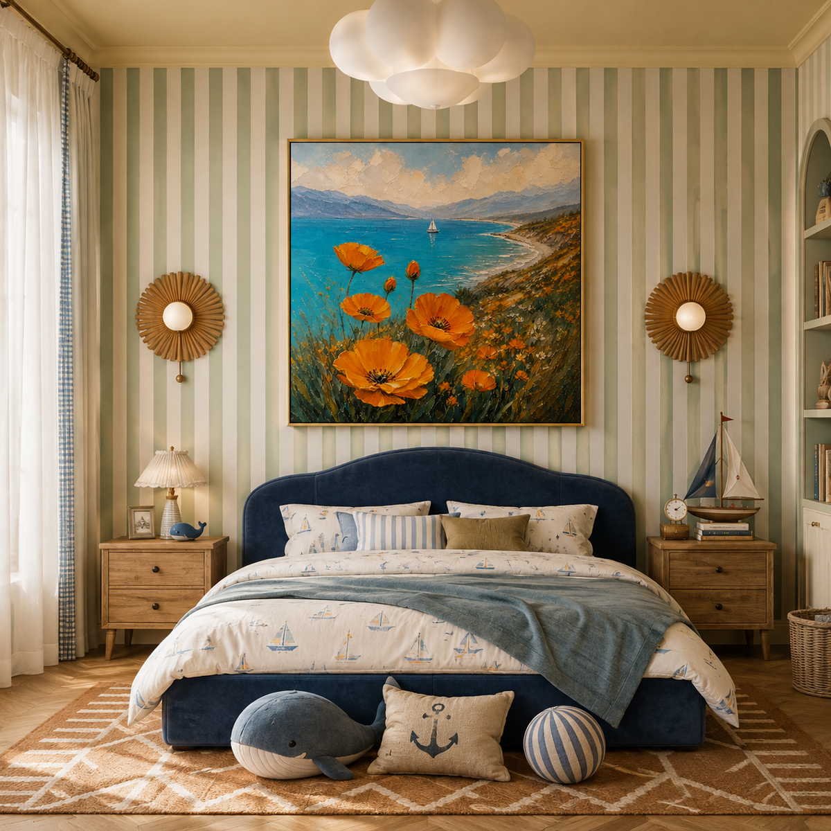 "Coastal Orange Light" – Impressionist Orange Flowers and Turquoise Seascape Oil Painting
