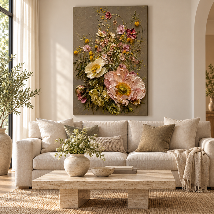 Healing Flowers textured floral oil painting displayed above a sofa in a living room