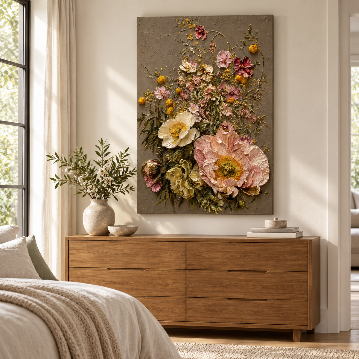 Healing Flowers textured floral oil painting above a bedroom dresser