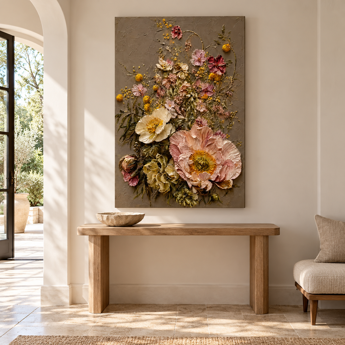 Healing Flowers textured floral oil painting above an entryway console