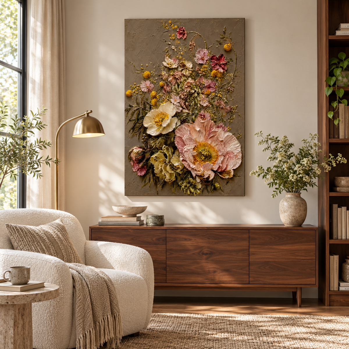 Healing Flowers textured floral oil painting in a reading room