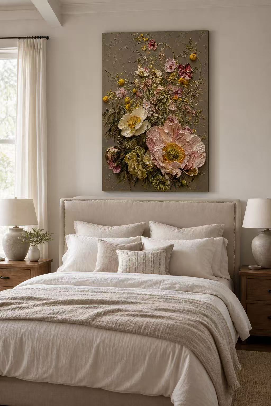 Healing Flowers floral oil painting styled above an upholstered bed