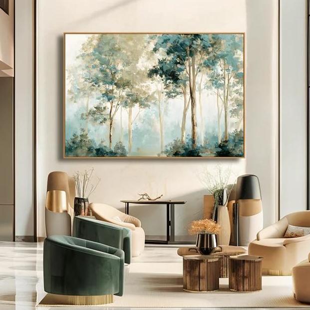 "A hazy morning" – Soft Sage Green Impressionist Forest Oil Painting